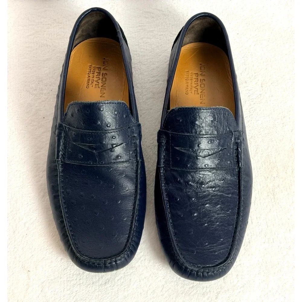 Jon Somen Prive Ostrich Print Leather Driving Loafers Navy Men's 42